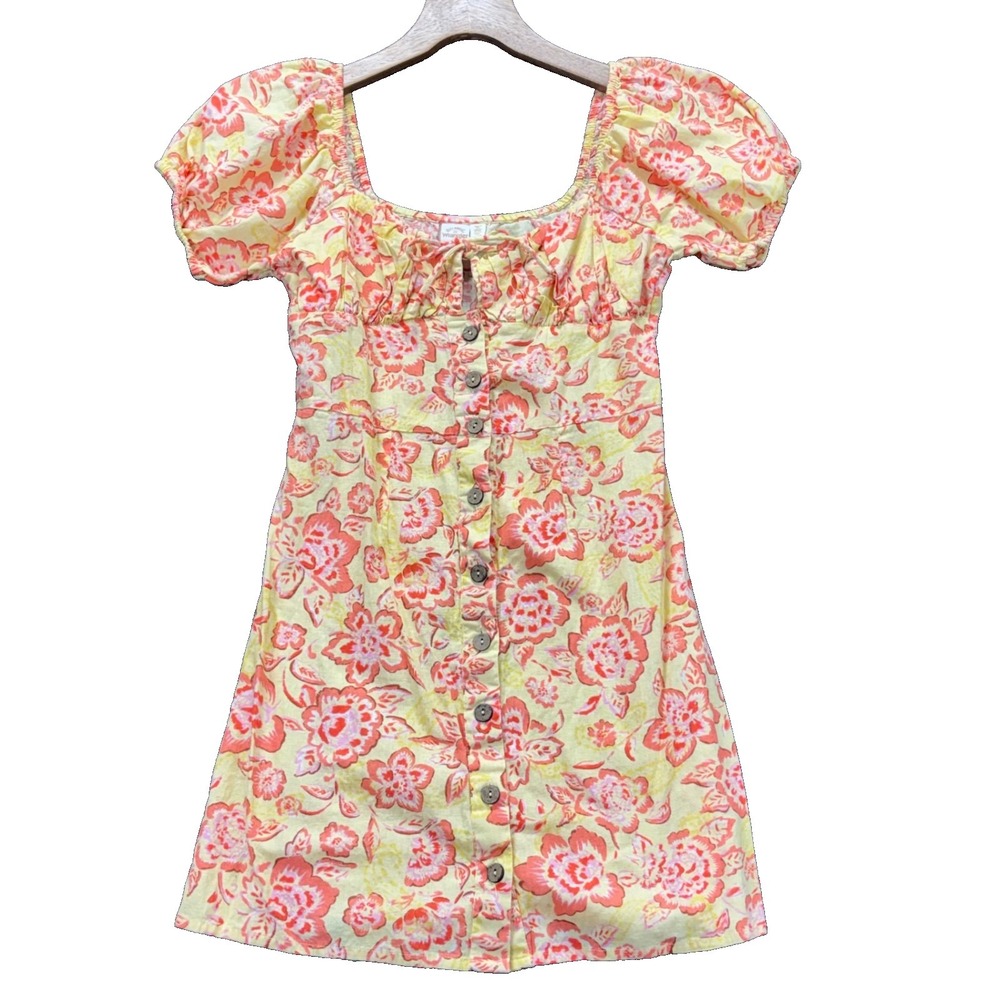 Wrangler Dress Womens S Floral Button Front Puff Sleeve Linen coastal resort‎